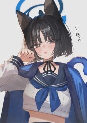 1girl absurdres animal_ears black_choker black_hair blue_archive blue_haori blue_neckerchief blush cat_ears cat_girl cat_tail choker cropped_short grey_eyes haori highres japanese_clothes kaedemaru kikyou_(blue_archive) looking_at_viewer neckerchief open_mouth parted_bangs paw_pose shirt short_hair sidelocks solo tail white_shirt