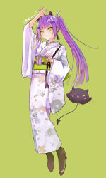 ! !! 1girl absurdres arm_up bibi_(tokoyami_towa) black_nails blunt_bangs boots brown_boots closed_mouth ear_piercing earrings floral_print frown fyuu-ka gao green_background green_eyes hair_ornament hairclip highres hololive horns japanese_clothes jewelry kimono long_hair long_sleeves nail_polish obi piercing pointy_ears ponytail print_kimono purple_hair sash sidelocks simple_background solo sound_effects standing tail tail_ornament tail_piercing tokoyami_towa virtual_youtuber white_kimono wide_sleeves