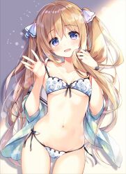 1girl :d bare_shoulders bikini blue_eyes blue_shirt blush breasts breasts_apart brown_hair checkered_clothes checkered_shirt closed_mouth collarbone commentary_request cowboy_shot front-tie_bikini_top front-tie_top fur_trim groin hair_between_eyes hair_ribbon hands_up head_tilt highres holding holding_own_hair legs_apart light_particles long_hair looking_at_viewer navel off_shoulder open_clothes open_mouth open_shirt original redrawn ribbon sailor_collar shirt side-tie_bikini_bottom sidelocks small_breasts smile solo standing stomach strap_pull suimya swimsuit tareme twintails twintails_day white_bikini white_ribbon white_sailor_collar