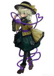 Rule 34 | 1girl, :d, absurdres, black hat, black pantyhose, boots, brown boots, chinese commentary, choker, collared shirt, floral print, full body, green choker, green eyes, green hair, green skirt, hair over shoulder, hat, hat ribbon, highres, holding, holding phone, kofi-mo, komeiji koishi, long sleeves, medium hair, open mouth, pantyhose, phone, ribbon, rose print, shirt, simple background, skirt, smile, solo, standing, third eye, touhou, white background, wide sleeves, yellow ribbon, yellow shirt