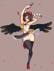 Rule 34 | 1girl, armpits, black hair, black ribbon, black skirt, black thighhighs, black wings, clothes lift, hat, microphone, neck ribbon, one eye closed, open mouth, panties, pixel art, puck100ml, red eyes, red shoes, ribbon, shameimaru aya, shirt, shoes, short hair, skirt, skirt lift, sleeveless, sleeveless shirt, smile, solo, thighhighs, tokin hat, touhou, underwear, white panties, white shirt, wings