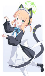 1girl :d absurdres animal_ear_headphones animal_ears apron black_boots black_dress blonde_hair blue_archive blue_bow blue_bowtie blush boots border bow bowtie cat_ear_headphones cat_ears cat_tail collared_dress commentary_request contrast_collar dot_nose dress fake_animal_ears fake_tail foot_out_of_frame frilled_apron frilled_dress frills gradient_background green_eyes green_halo green_pupils grey_background hair_bow halo headphones highres leg_up long_sleeves looking_at_viewer looking_to_the_side maid maid_apron maid_headdress midori_(blue_archive) midori_(maid)_(blue_archive) official_alternate_costume official_alternate_hairstyle open_mouth outside_border pantyhose paw_pose puffy_long_sleeves puffy_sleeves short_hair sidelocks smile solo tail tail_raised twintails two-tone_background ula_cabbage white_apron white_border white_bow white_headdress white_pantyhose