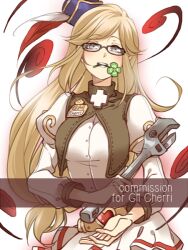 1girl black-framed_eyewear blonde_hair blue_hat blush breasts clover commission dress four-leaf_clover fumiddition game_master_(ragnarok_online) glasses grin hat holding holding_wrench long_hair long_sleeves looking_at_viewer lowres medium_breasts ragnarok_online simple_background smile solo upper_body white_background white_dress wrench