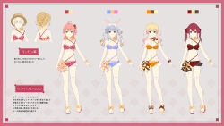 5girls absurdres bikini blonde_hair blue_bikini blue_hair blue_sandals border braid breasts brown_eyes brown_hat color_guide green_eyes grey_background hat heterochromia highres hololive houshou_marine long_hair moko39_takasora momosuzu_nene multicolored_hair multiple_girls navel orange_bikini orange_sandals pink_hair purple_bikini purple_sandals red_bikini red_border red_eyes red_hair red_sandals sakura_miko sandals small_breasts standing swimsuit translation_request twin_braids twintails two-tone_hair usada_pekora virtual_youtuber white_hair