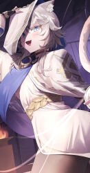 Rule 34 | 1girl, absurdres, ancient greek clothes, animal ears, black gloves, blue eyes, cat ears, cat girl, cat tail, cipher (honkai: star rail), commentary request, dress, fingerless gloves, gloves, greco-roman clothes, grey hair, highres, honkai: star rail, honkai (series), official alternate costume, open mouth, short hair with long locks, ske4682, solo, tail, thighs, white dress, white hood