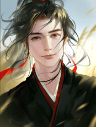 1boy artist_name backlighting black_hair black_hanfu blue_sky brown_eyes chinese_clothes closed_mouth commentary day floating_hair forehead hair_ribbon hanfu happy hashtag-only_commentary high_ponytail long_hair male_focus modao_zushi nostrils outdoors pink_lips ponytail realistic red_ribbon ribbon sky smile solo sun sunlight thick_eyebrows thick_lips upper_body watermark wei_wuxian wheat wind ye_dian_pikaqiu