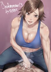 1boy 1girl bad_id bad_pixiv_id bare_shoulders bed_sheet black_pants blue_shirt blue_sports_bra breasts brown_eyes brown_hair censored cleavage collarbone commission crop_top cum cum_on_body cum_on_hands cum_on_self denim girl_on_top handjob hetero houjoh_(7th-heaven) jeans kazama_asuka large_breasts looking_at_viewer matching_hair/eyes midriff mosaic_censoring muscular muscular_female namco navel pants penis pov pov_crotch premature_ejaculation purple_background shirt short_hair skeb_commission smile solo_focus sports_bra stomach sweat teeth tekken tomboy tongue tongue_out upper_teeth_only