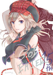 1girl absurdres alisa_ilinichina_amiella anniversary arm_up arm_warmers armpits bare_shoulders black_gloves black_vest blue_eyes breasts newsboy_cap commentary_request cowboy_shot cropped_vest elbow_gloves fingerless_gloves gloves god_eater god_eater_burst grey_hair groin hair_between_eyes hat highres holding holding_sword holding_weapon huge_weapon long_hair looking_at_viewer medium_breasts midriff navel parted_lips plaid_clothes plaid_skirt red_hat red_skirt revealing_clothes ruri-hikaru sidelocks signature simple_background single_arm_warmer single_elbow_glove skirt smile solo standing stomach suspender_skirt suspenders suspenders_slip sword twitter_username underboob vest weapon white_background