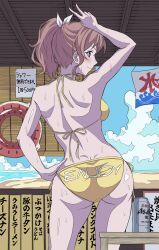 1girl aranami_shibuki asahi_breweries ass back bang_dream! beach beer_can bikini blue_eyes breasts brown_hair butt_crack can clothes_writing dimples_of_venus drink_can from_behind hand_on_own_hip highres horizon innertube koinobori long_hair looking_at_viewer ocean ponytail shoulder_blades sign solo swim_ring swimsuit thighs wavy_hair windsock writing_on_ass yamabuki_saya yellow_bikini