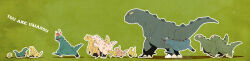 Rule 34 | animal focus, character request, claws, colored sclera, copyright name, dinosaur, egg, full body, green background, long image, no humans, omae umasou da na, outline, shadow, sharp teeth, simple background, standing, teeth, tetori, tyrannosaurus rex, white outline, wide image, yellow sclera