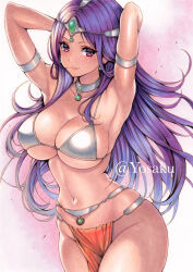 1girl armlet armpits arms_behind_head arms_up artist_name belly_chain breasts choker cleavage commentary cowboy_shot dark-skinned_female dark_skin dragon_quest dragon_quest_iv earrings floating_hair forehead_jewel forehead_protector gem gradient_background green_gemstone highres jewelry large_breasts long_hair looking_at_viewer manya_(dq4) metal_bikini midriff narrow_waist navel parted_hair pelvic_curtain pink_background purple_eyes purple_hair sideboob silver_armlet silver_choker skindentation solo sphere_earrings tan traditional_media underboob white_background yosaku_vs_hina