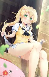 1girl absurdres ascot black_ascot blush cameltoe clenched_teeth feet_out_of_frame hair_intakes hair_ornament highres leaf long_hair looking_at_viewer mu-chu panties puffy_short_sleeves puffy_sleeves sailor_collar school_uniform serafuku short_sleeves sitting skirt skirt_hold solo stuffed_toy summer_pockets summer_pockets_school_uniform sweater_vest teeth thighs tsumugi_wenders twintails underwear white_panties white_sailor_collar white_serafuku white_skirt x_hair_ornament yellow_sweater_vest