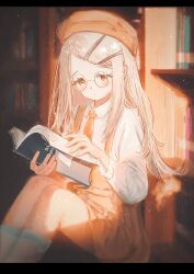 1girl absurdres arisu_syndrome beret bloom blush book bookshelf collared_shirt colored_eyelashes gakuen_idolmaster glasses grey_hair hair_ornament hairclip hat highres holding holding_book idolmaster library long_hair looking_at_viewer necktie open_book orange_eyes round_eyewear shinosawa_hiro shirt skirt socks solo suspender_skirt suspenders white_shirt white_socks