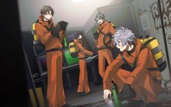 4boys :d artist_name black_gloves black_shirt black_shoes blue_eyes blurry blurry_foreground can clipboard commentary_request cosplay crossed_bangs crt drink_can earrings flashlight fuwa_minato gloves graffiti green_eyes grey_hair hair_between_eyes hands_up hazmat_suit highres holding holding_can holding_clipboard holding_pen holding_walkie-talkie indoors jewelry jumpsuit kagami_hayato kaida_haru kenmochi_touya lethal_company long_sleeves male_focus monitor multicolored_hair multiple_boys nijisanji open_mouth orange_jumpsuit oxygen_tank paper parted_bangs pen purple_eyes purple_hair red_hair rof-mao saw_(dtn_error) shirt shoes short_hair signature smile squatting standing streaked_hair table teeth turtleneck upper_teeth_only virtual_youtuber walkie-talkie worker_(lethal_company) worker_(lethal_company)_(cosplay)