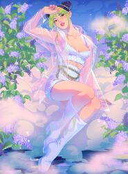 1girl asian black_eyes black_hair boots breasts cloud collarbone delicourse double_bun flower full_body green_hair hair_behind_ear hair_bun head_tilt high-waist_shorts high_heel_boots high_heels highres jacket jojo_no_kimyou_na_bouken kuujou_jolyne lilac looking_to_the_side medium_breasts multicolored_hair parted_lips pink_jacket pink_lips purple_flower see-through_clothes see-through_jacket shirt shorts sitting smoke solo sparkle stone_ocean streaked_hair white_boots white_shirt white_shorts