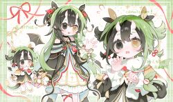 ! !! 1girl :d @_@ absurdres artist_name bare_shoulders black_choker black_dress black_eyes black_hair black_ribbon blush border chibi choker cyano dated double-parted_bangs dress flying_sweatdrops green_border green_hair hair_ribbon heterochromia highres horns leg_ribbon long_sleeves looking_at_viewer multicolored_hair multiple_views off-shoulder_dress off_shoulder open_mouth original outline outside_border ribbon skin-covered_horns smile tail thick_eyebrows thigh_ribbon two-tone_hair two_side_up white_background white_outline yellow_eyes yellow_ribbon