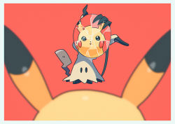 :o absurdres black_eyes blurry border chromatic_aberration claws commentary crack film_grain gen_1_pokemon gen_7_pokemon highres holding huge_filesize mimikyu mirror nintendo no_humans pikachu pokemon pokemon_(creature) red_background reflection saiku_(zvlku) standing white_border