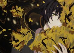 Rule 34 | 1boy, ag1shh, black hair, e.g.o (project moon), flower, folding fan, hair flower, hair ornament, hand fan, hand up, highres, holding, holding fan, limbus company, long sleeves, looking at viewer, project moon, solo, spicebush (e.g.o), technology liberation alliance (identity) (project moon), upper body, yellow eyes, yellow flower, yi sang (project moon)