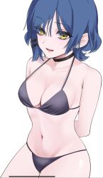1girl bikini black_choker blue_hair bocchi_the_rock! breasts choker choppy_bangs cleavage commentary hair_ornament hairclip halterneck highres ipm0006 looking_at_viewer mole mole_under_eye navel sidelocks solo swimsuit white_background yamada_ryo yellow_eyes