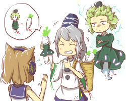 3girls angry aura daikon dress female_focus hair_lift hands_up hat highres laughing multiple_girls peroponesosu. pointing radish soga_no_tojiko speech_bubble sweatdrop ten_desires thought_bubble touhou toyosatomimi_no_miko upper_body white_background