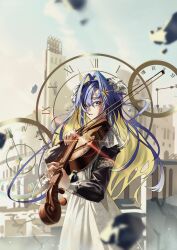 Rule 34 | absurdres, apron, black dress, blonde hair, blue eyes, blue hair, blue sky, bow (music), building, clock, colored inner hair, dress, hair intakes, hair ornament, hand up, highres, holding, holding bow (music), holding instrument, holding violin, instrument, long hair, looking at viewer, luojia ying, multicolored hair, music, playing instrument, reverse:1999, roman numeral, rubble, school uniform, sky, soviet school uniform, star (symbol), star hair ornament, very long hair, violin, voyager (reverse:1999), white apron