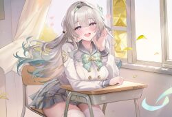 1girl black_hairband blush bow bowtie breasts buttons chair classroom commentary_request desk double-breasted firefly_(honkai:_star_rail) firefly_(spring_missive)_(honkai:_star_rail) gradient_hair green_bow green_bowtie green_hair grey_hair grey_sailor_collar grey_skirt hair_between_eyes hairband hand_up harin_05 heart highres honkai:_star_rail honkai_(series) indoors large_breasts long_sleeves looking_at_viewer multicolored_hair open_mouth purple_eyes sailor_collar school_chair school_desk school_uniform serafuku skirt smile solo thighhighs thighs white_thighhighs window