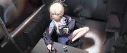 1girl absurdres bandaid bandaid_on_leg blue_archive blue_shirt blue_skirt cigarette computer cup dimly_lit_room disposable_cup floral_print_shirt grey_eyes grey_hair grey_jacket halo highres holding holding_cigarette interrogation jacket konoka_(blue_archive) laptop long_hair long_sleeves mask mouth_mask on_chair open_clothes open_jacket photo_(object) radiator shirt sidelocks sitting skirt smoke smoking solo solo_focus split spread_legs surgical_mask table tagua teabag tile_floor tiles tobacco very_long_hair white_mask