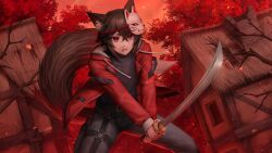 1boy absurdres animal_ears bare_tree belt black_belt black_hair black_shirt black_tail building commentary commission cowboy_shot crossed_bangs english_commentary fighting_stance fox_boy fox_ears fox_mask fox_tail grey_pants hair_between_eyes highres hiktsu_(vtuber) holding holding_sword holding_weapon hood hooded_jacket indie_virtual_youtuber jacket katana light_particles looking_to_the_side male_focus mask mask_on_head numanoan open_clothes open_jacket pants parted_lips red_eyes red_jacket red_sky shirt short_hair sky solo sword tail teeth thigh_strap tree virtual_youtuber weapon