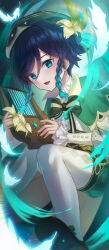 1boy blue_eyes feathers genshin_impact hair_ornament harp hat highres instrument multicolored_hair nanimonine9 two-tone_hair venti_(genshin_impact) wind