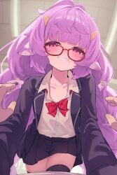 1girl animal_ear_fluff animal_ears bitseon black_jacket black_skirt black_thighhighs bow bowtie collared_shirt commission cow_ears cow_girl cow_horns glasses highres horns jacket long_hair mole mole_on_thigh mole_under_mouth multiple_moles muu_muyu open_clothes open_jacket phase_connect pleated_skirt purple_eyes purple_hair red-framed_eyewear red_bow red_bowtie shirt skirt smile solo thighhighs virtual_youtuber white_shirt