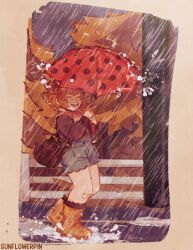 1girl autumn bag blue_shorts boots border closed_eyes cloud cloudy_sky denim_dress full_body grin highres holding holding_umbrella messy_hair orange_hair orange_scarf orange_tree our_life:_now_and_forever polka_dot polka_dot_umbrella puddle rain rubber_boots scarf second-party_source shorts shoulder_bag sidelocks sky smile solo splashing sunnyflowerday1 sweater tamarack_baumann teeth umbrella upper_teeth_only white_fence yellow_border