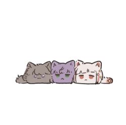 :&lt; :3 animal animal_focus animalization ao_kaeru brown_cat cat closed_mouth frown fujishima_megumi green_eyes grey_cat hair_ornament highres jitome link!_like!_love_live! looking_at_viewer love_live! no_humans otomune_kozue purple_cat purple_eyes red_eyes simple_background star_(symbol) star_hair_ornament virtual_youtuber white_background yugiri_tsuzuri