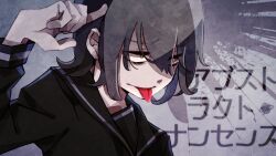 1girl abstract_nonsense_(vocaloid) bags_under_eyes black_hair black_sailor_collar black_serafuku black_shirt commentary_request constricted_pupils finger_to_head furrowed_brow grey_background kagamine_rin long_sleeves looking_ahead official_art portrait sailor_collar school_uniform serafuku shirt short_hair sidu_(dsd_kgn) solo song_name tongue tongue_out vocaloid yellow_eyes