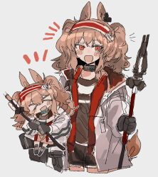 &gt;_&lt; 1girl :d angelina_(arknights) animal_ears arknights black_choker black_gloves black_shirt black_shorts black_socks blush_stickers brown_hair chibi chibi_inset choker coat commentary_request earpiece fox_ears gloves grey_background hairband highres holding holding_staff infection_monitor_(arknights) jacket kneehighs korean_commentary long_hair looking_at_viewer notice_lines odmised open_clothes open_coat open_jacket open_mouth red_eyes red_hairband red_jacket shirt short_shorts shorts simple_background smile socks staff striped_clothes striped_hairband twintails two-tone_hairband white_coat