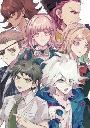 3girls 4boys black_bow black_necktie bow braid brown_hair danganronpa_(series) danganronpa_2:_goodbye_despair dark-skinned_female dark_skin dress_shirt eyepatch galaga green_necktie grey_hair hair_bow hakumai_(mgmg_okomee) highres hinata_hajime jacket komaeda_nagito kuzuryu_fuyuhiko long_hair medium_hair multiple_boys multiple_girls nanami_chiaki neck_ribbon necktie owari_akane pink_ribbon ribbon shirt smile soda_kazuichi sonia_nevermind spaceship_hair_ornament striped_clothes striped_jacket white_background