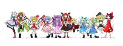 6+girls absurdres adapted_costume adjusting_eyewear apron aqua_gemstone aqua_ribbon arm_behind_back bare_shoulders bat_wings beret black_hat black_pantyhose black_shirt black_shoes black_skirt black_socks black_vest black_wings blonde_hair blue_eyes blue_gemstone blue_hair blue_ribbon blue_skirt blue_vest blunt_bangs boots braid broom broom_riding brown_boots brown_shoes bubble center_frills chest_jewel chinese_clothes cirno closed_eyes cloud_print coat collared_dress collared_shirt daiyousei darkness demon_girl demon_wings detached_sleeves double-parted_bangs double_bun dress dress_ribbon embodiment_of_scarlet_devil eyebrows_hidden_by_hair fairy_wings fighting_stance flandre_scarlet floating flying frilled_apron frilled_dress frilled_hat frilled_headwear frilled_shirt frilled_shirt_collar frilled_skirt frilled_wristband frills gem glasses gohei green_eyes green_gemstone green_hair green_hat green_ribbon green_vest hair_between_eyes hair_bun hair_ornament hair_ribbon hair_tubes hakurei_reimu hand_on_own_chest hand_on_own_hip hat hat_ornament hat_ribbon head_wings headdress height_difference high_heel_boots high_heels highres holding holding_gohei hong_meiling ice ice_wings izayoi_sakuya japanese_clothes jewelry juliet_sleeves kirisame_marisa koakuma lace lace-trimmed_skirt lace_trim layered_shirt layered_sleeves long_hair long_sleeves looking_at_viewer maid maid_apron maid_headdress medium_hair miko mob_cap multiple_girls neckerchief necktie nervous nervous_sweating nontraditional_miko open_mouth orange_gemstone outstretched_arms pants pantyhose parted_bangs patchouli_knowledge pink_hat pink_ribbon pleated_skirt pointing ponytail puffy_long_sleeves puffy_short_sleeves puffy_sleeves purple_coat purple_dress purple_hair raised_eyebrows red_eyes red_gemstone red_hair red_neckerchief red_necktie red_ribbon red_skirt red_vest remilia_scarlet ribbon ribbon_braid rumia serious shirt shoes short_sleeves side_ponytail simple_background skirt sleeveless smile smug socks standing standing_on_one_leg star_(symbol) star_pin striped_clothes striped_dress sweat sweatdrop swept_bangs teeth touhou twin_braids v vampire vest wavy_hair white_apron white_background white_boots white_hair white_hat white_headdress white_pants white_ribbon white_shirt white_sleeves white_socks wide_sleeves wings witch witch_hat wristband yellow_eyes yellow_neckerchief yellow_ribbon yin_yang yin_yang_print yoiy_san