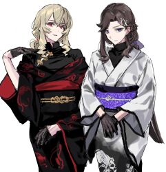 Rule 34 | 2girls, 9urodine, alternate costume, alternate hairstyle, black gloves, black kimono, black shirt, blonde hair, bone hair ornament, bow, braid, brown hair, closed mouth, cowboy shot, gloves, gradient clothes, gradient kimono, hair between eyes, hair bow, hair ornament, half gloves, half up braid, hand up, highres, japanese clothes, kimono, long hair, long sleeves, looking at viewer, low ponytail, multiple girls, obi, obijime, off shoulder, own hands together, parted bangs, parted lips, ponytail, print kimono, purple bow, purple eyes, red eyes, saijou claudine, sash, shirt, shoujo kageki revue starlight, side-by-side, sidelocks, simple background, skull print, smile, standing, tendou maya, two-tone kimono, v arms, white background, white kimono, wide sleeves