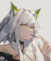 1girl animal_ear_fluff animal_ears arknights bare_shoulders chinese_commentary chromatic_aberration commentary green_eyes grey_background grey_hair halterneck hand_up highres kal&#039;tsit_(arknights) light_smile looking_at_viewer off_shoulder openvl short_hair_with_long_locks sidelocks smoke smoking solo upper_body watermark