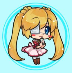 1girl :3 blonde_hair blue_eyes blush_stickers brown_footwear carton chibi closed_mouth commentary_request crown dress drinking eyepatch hair_between_eyes holding_carton kazamatsuri_institute_high_school_uniform long_hair looking_at_viewer may_salamanya mini_crown nakatsu_shizuru neck_ribbon one_eye_covered pink_dress puffy_short_sleeves puffy_sleeves red_ribbon rewrite ribbon school_uniform short_dress short_sleeves smile solo standing twintails very_long_hair