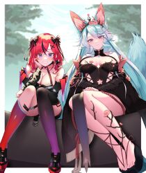 2girls absurdres animal_ear_fluff animal_ears black_bow black_hair black_kimono black_sleeves black_thighhighs blue_hair bow breasts cherry_blossoms cleavage closed_mouth clothing_cutout commentary_request commission detached_sleeves flower gradient_hair gradient_tail hair_bow hair_ornament highres indie_virtual_youtuber japanese_clothes kimono large_breasts long_hair long_sleeves looking_at_viewer medium_hair multicolored_hair multiple_girls navel navel_cutout pink_hair purple_eyes red_hair saiiren silvervale silvervale_(sakura_goddess) single_thighhigh sitting skeb_commission smile streaked_hair tail teeth thighhighs virtual_youtuber wolf_ears wolf_girl wolf_tail yamato_(muchuu_paradigm)