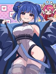 &gt;_&lt; 2girls :t bare_shoulders blue_hair breasts chest_belt double_bun duel_monster evil_twin_lil-la hair_bun highres jacket ki-sikil_(yu-gi-oh!) large_breasts lil-la_(yu-gi-oh!) live_twin_ki-sikil long_hair long_sleeves looking_at_viewer multicolored_hair multiple_girls niyane official_alternate_costume open_clothes open_jacket pink_hair purple_eyes short_hair smile thighhighs twintails yu-gi-oh!