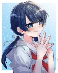 1girl blue_background blue_dress blue_eyes blue_hair blue_ribbon blush border closed_mouth commentary_request dress gradient_background hair_ribbon highres kanduki_kamibukuro link!_like!_love_live! long_hair looking_at_viewer love_live! low_twintails murano_sayaka neckerchief outside_border puffy_short_sleeves puffy_sleeves red_neckerchief ribbon sailor_collar short_sleeves simple_background smile solo split_mouth steepled_fingers string string_of_fate string_on_pinky twintails upper_body virtual_youtuber white_border white_sailor_collar