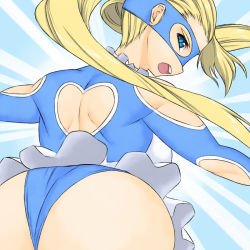 1990s_(style) 1girl arm_cutout ass ass_focus back_cutout bad_id bad_pixiv_id blonde_hair blue_eyes capcom clothing_cutout female_focus heart heart_cutout hip_attack leotard long_hair looking_back rainbow_mika retro_artstyle solo street_fighter street_fighter_zero_(series) tsukudani_(coke-buta) twintails