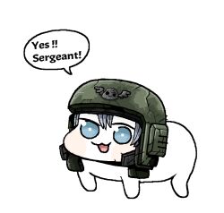 1other astra_militarum blue_eyes blue_hair blush combat_helmet commentary doro_(nikke) english_commentary english_text goddess_of_victory:_nikke green_helmet helmet looking_at_viewer octosoup open_mouth short_hair solo square_pupils transparent_background warhammer_40k white_background