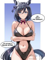 Rule 34 | 1girl, animal ears, black hair, blue background, blue eyes, breasts, cleavage, commentary, crossed arms, eishin flash (umamusume), english text, highres, horse ears, horse girl, horse tail, large breasts, light blush, looking at viewer, medium hair, navel, pink ribbon, ribbon, smile, solo, speech bubble, swimsuit, tail, tsukiyuki mike, umamusume