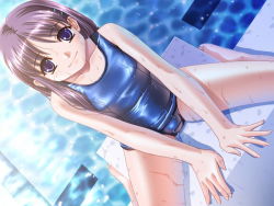 Rule 34 | 00s, 1girl, blue eyes, brown hair, female focus, game cg, hiiro yuki, long hair, nanashima matsuri, one-piece swimsuit, school swimsuit, sitting, solo, sunlight, swimsuit, wariza, water, wet, wet clothes, wet swimsuit, yuuguu settai