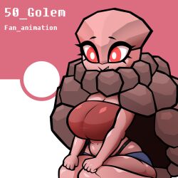 1girl breasts bright_pupils closed_mouth creatures_(company) dark_skin fang game_freak gen_1_pokemon golem_(pokemon) monster_girl navel nintendo pokemon pokemon_(creature) red_eyes sitting solo white_pupils