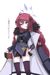 1girl ahoge belt black_belt black_gloves black_ribbon black_skirt blue_archive book buttons coat coat_on_shoulders cosplay cropped_legs double-breasted double-parted_bangs fur-trimmed_coat fur_trim gloves grey_eyes hair_between_eyes hair_ornament hair_ribbon hairclip halo hand_on_own_hip highres hina_(blue_archive) holding holding_book iroha_(blue_archive) jacket long_coat long_hair long_sleeves looking_at_viewer purple_coat purple_halo purple_jacket purple_thighhighs racoon5 red_hair ribbon simple_background skirt slit_pupils solo thighhighs v-shaped_eyebrows very_long_hair white_background