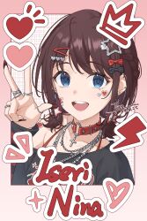 1girl :d absurdres bare_shoulders black_bow black_nails black_shirt blue_eyes blush bow braid brown_hair character_name collar collarbone crown ear_piercing fingernails girls_band_cry hair_bow hair_ornament hairclip heart heart_hair_ornament highres iseri_nina jewelry lightning_bolt_symbol long_fingernails long_sleeves looking_at_viewer low_twintails multiple_rings necklace off_shoulder open_mouth piercing red_bow ring shirt short_hair short_twintails single_bare_shoulder smile solo star_(symbol) star_hair_ornament sticker_on_face teeth tujiu_sama twintails upper_body upper_teeth_only w