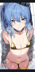 1girl absurdres against_wall beret bikini blue_hair blue_ribbon blush choker commentary english_commentary gold_bikini golden_week golden_week_bikini grey_eyes grey_hat hair_between_eyes hair_ribbon hat hews highres hololive hoshimachi_suisei long_hair looking_at_viewer micro_bikini navel plaid_hat ribbon smile solo standing star_(symbol) star_choker stomach sweat swimsuit thighhighs thighs